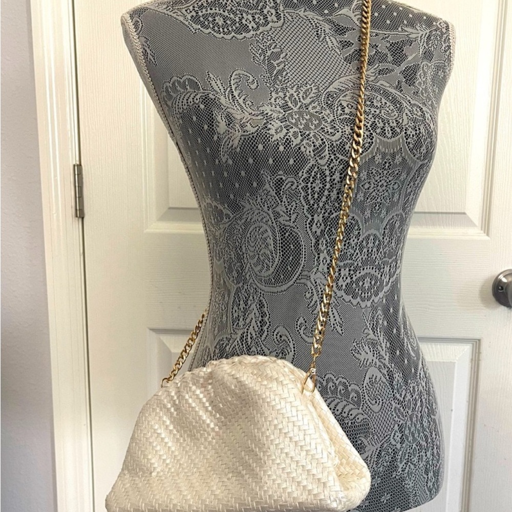 Anthropologie MAEVE the Frankie mini clutch bag pearl white removable gold chain